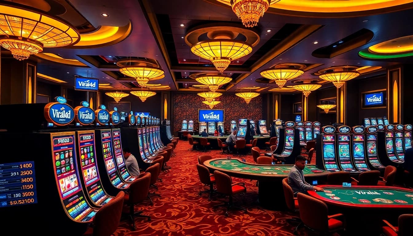 Players enjoying vibrant slot machines with viral4d logo in a luxurious casino scene.