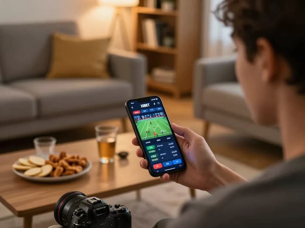 XIBET app showcasing live odds in a cozy gaming atmosphere during evening.