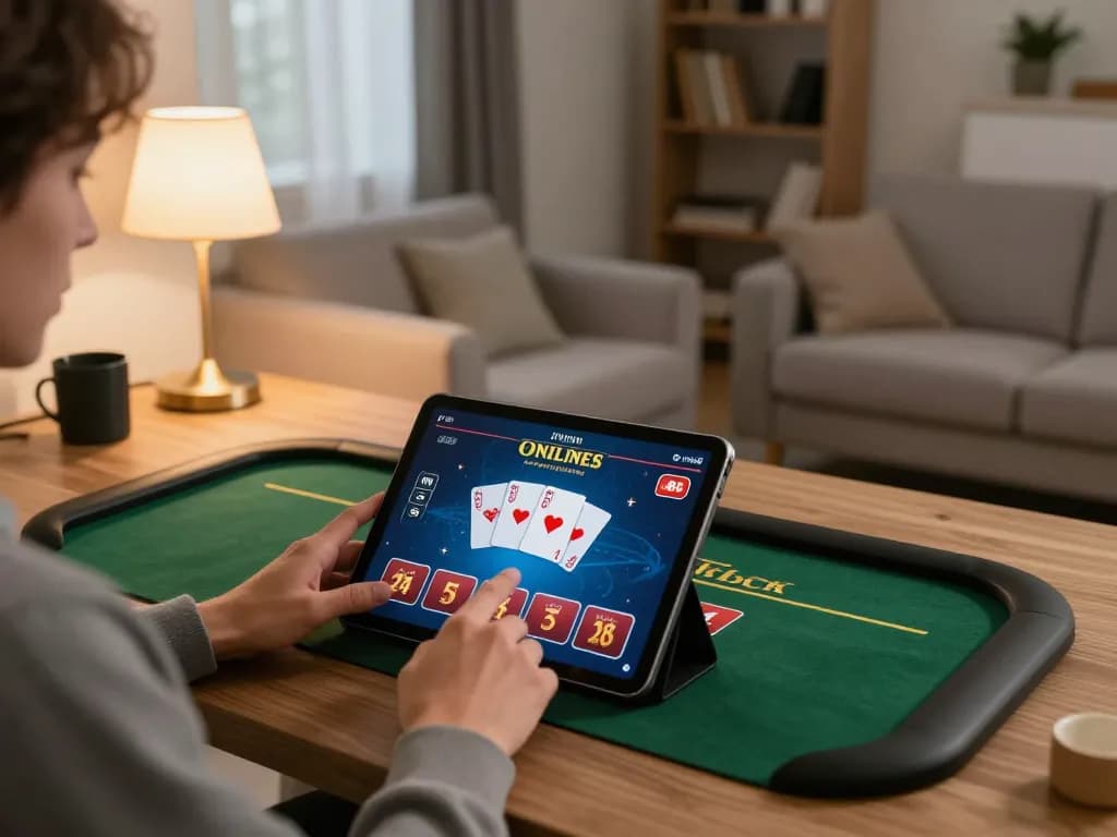 Engaging online poker gameplay on a tablet showcasing pub88 interface in an inviting home setting.