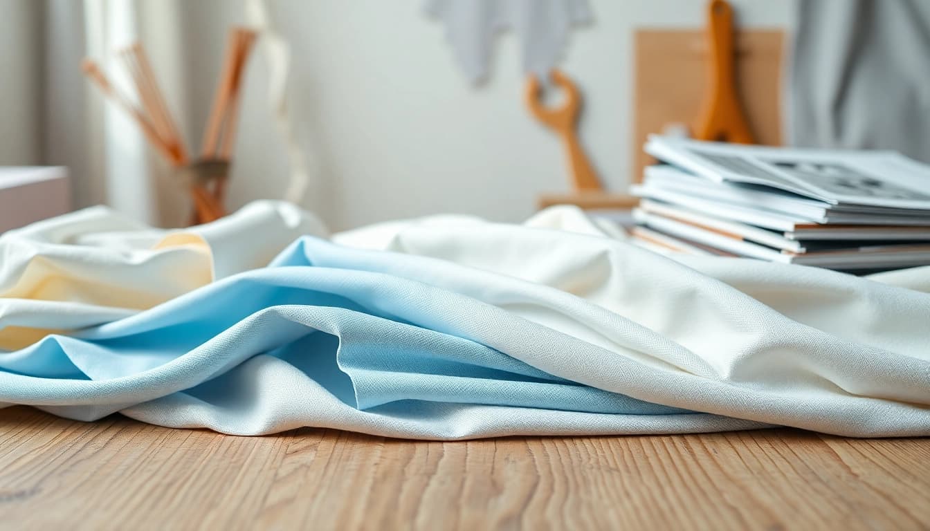 Katoen stof in verschillende kleuren en texturen op een houten tafel.