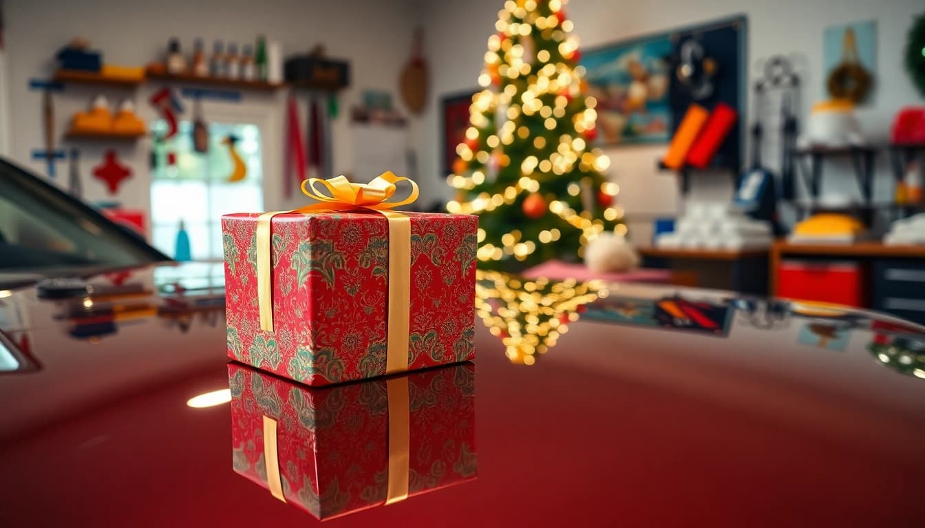 Celebrate the joy of Christmas car detailing gift with a beautifully wrapped box on a shiny car hood.