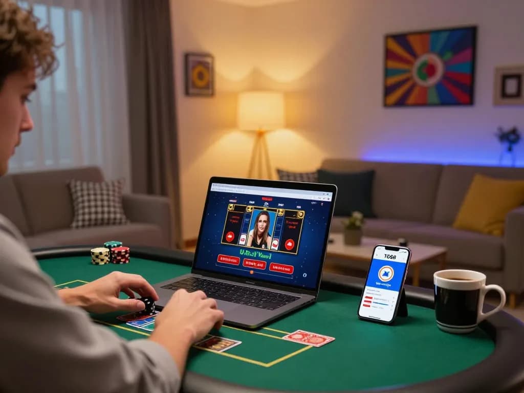 Engaged player using laptop to access TG88 online casino for poker game.