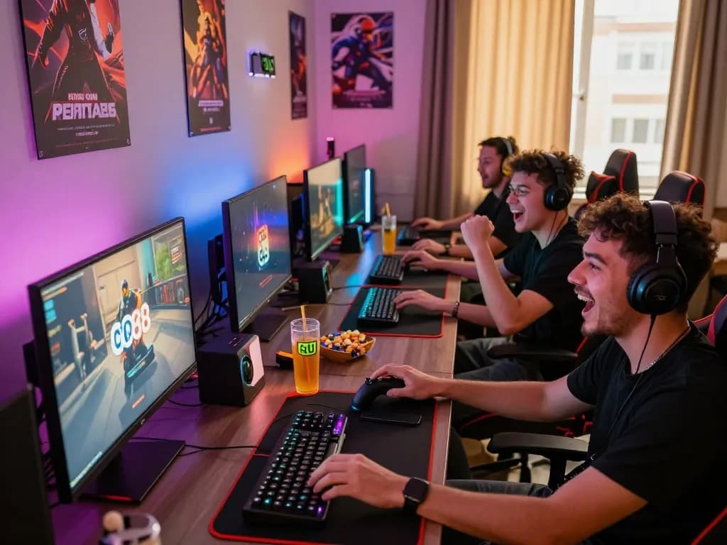 Friends enjoying the excitement of go88 in a vibrant gaming room filled with colorful decor and snacks.