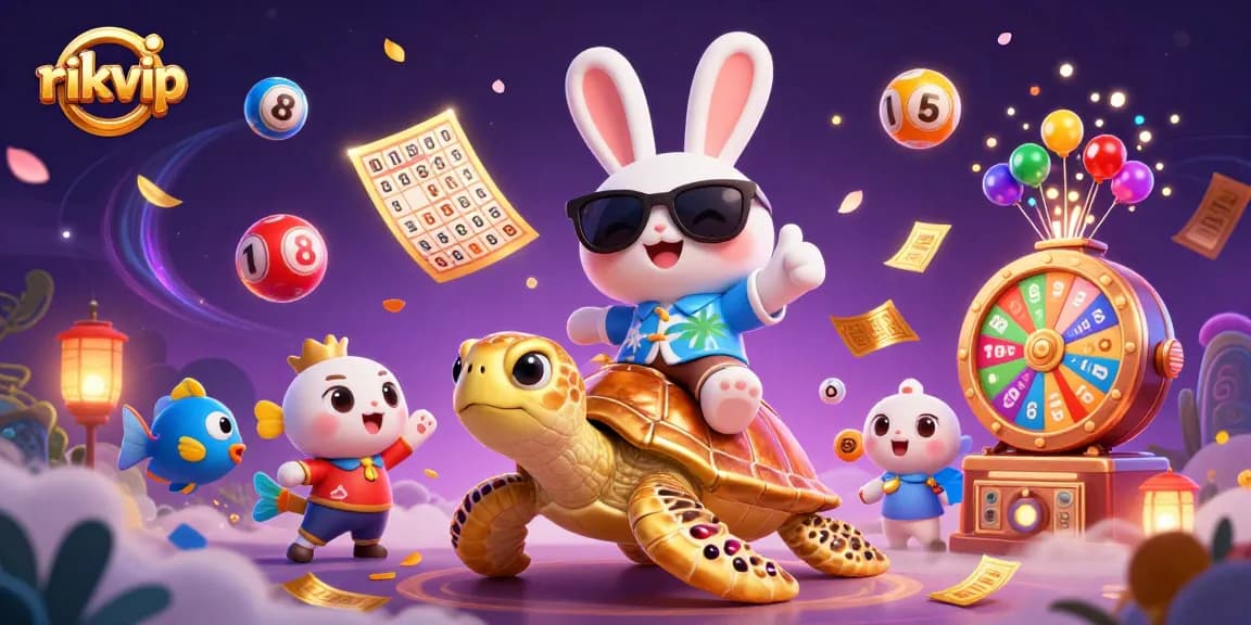 Experience thrilling gaming action with rikvip's vibrant lottery scene featuring a lucky rabbit and a golden turtle.