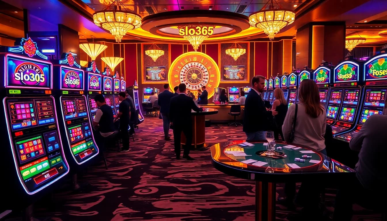 Exciting gameplay at slo365 slot machines with colorful lights and eager players.