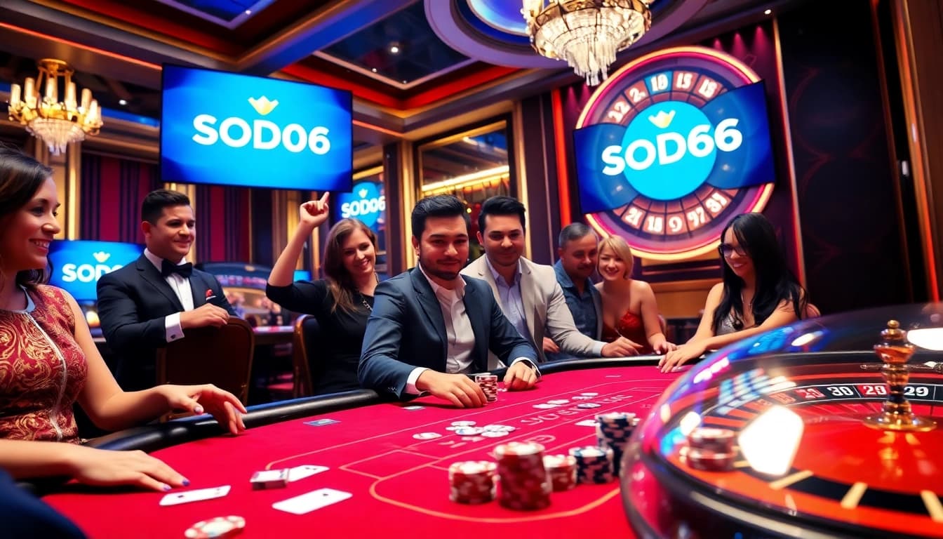 SODO66 players celebrating wins at a sophisticated casino poker table, highlighting excitement and strategy.