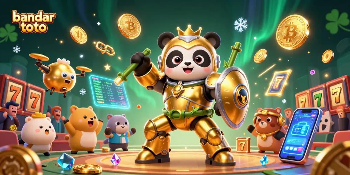 Experience the excitement of bandar toto with a dynamic casino scene featuring a golden panda mech, stacked slot reels, and neon crypto coins.