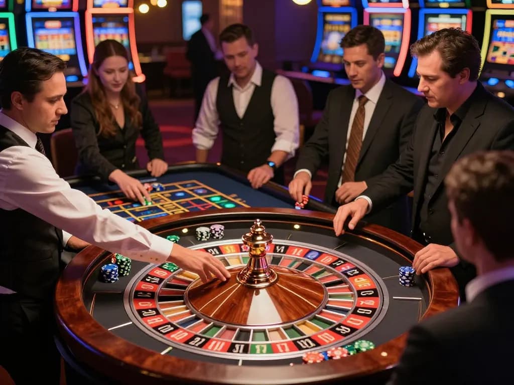 Players engaging in a thrilling roulette game at a vibrant casino, capturing Da88 excitement and strategy.