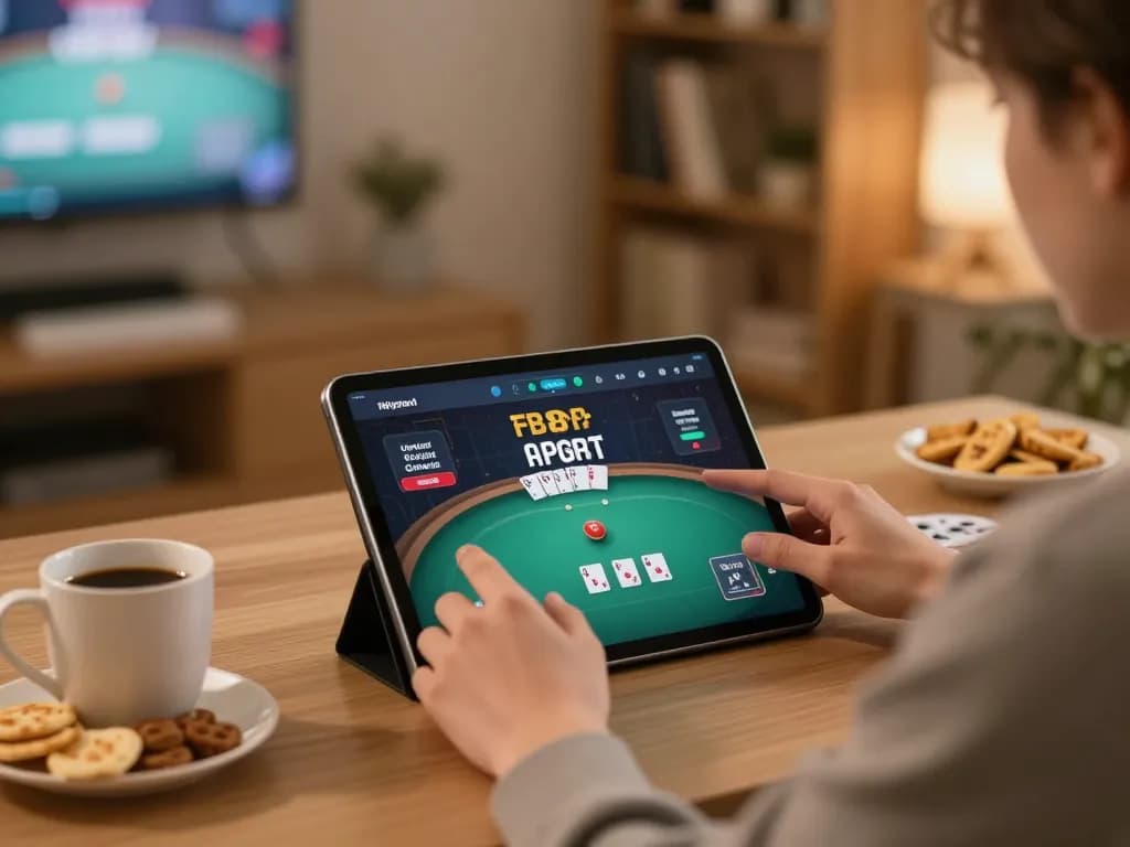 Player engaging with FB88 poker game on a tablet, cozy home setting enhances online gaming experience