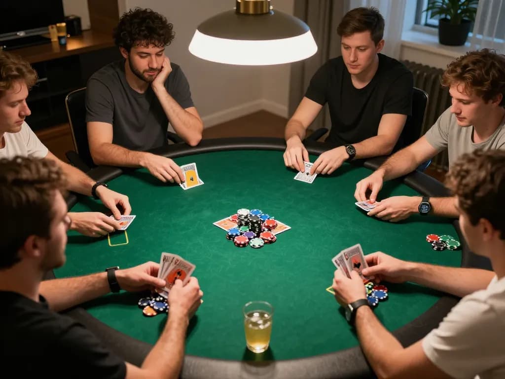 Engaged players enjoying เว็บสล็อต game night with poker chips and drinks on the table
