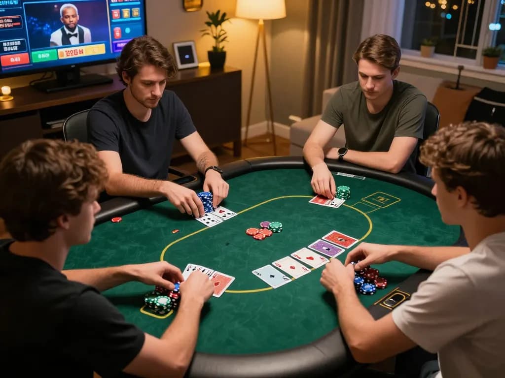 Players engaging in a thrilling online poker match at MrPokies77, showcasing competitive gameplay and strategy.