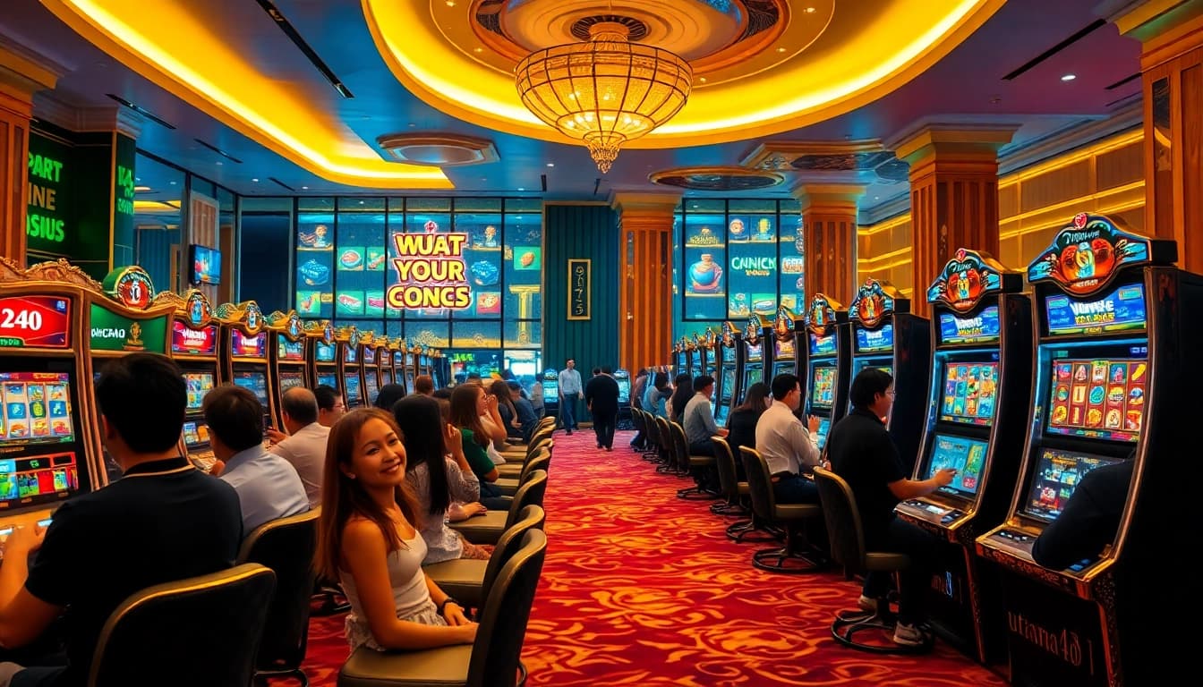 Para pemain menikmati kemenangan di mesin slot pada UTAMA4D, menampilkan suasana kasino yang hidup dan penuh semangat.