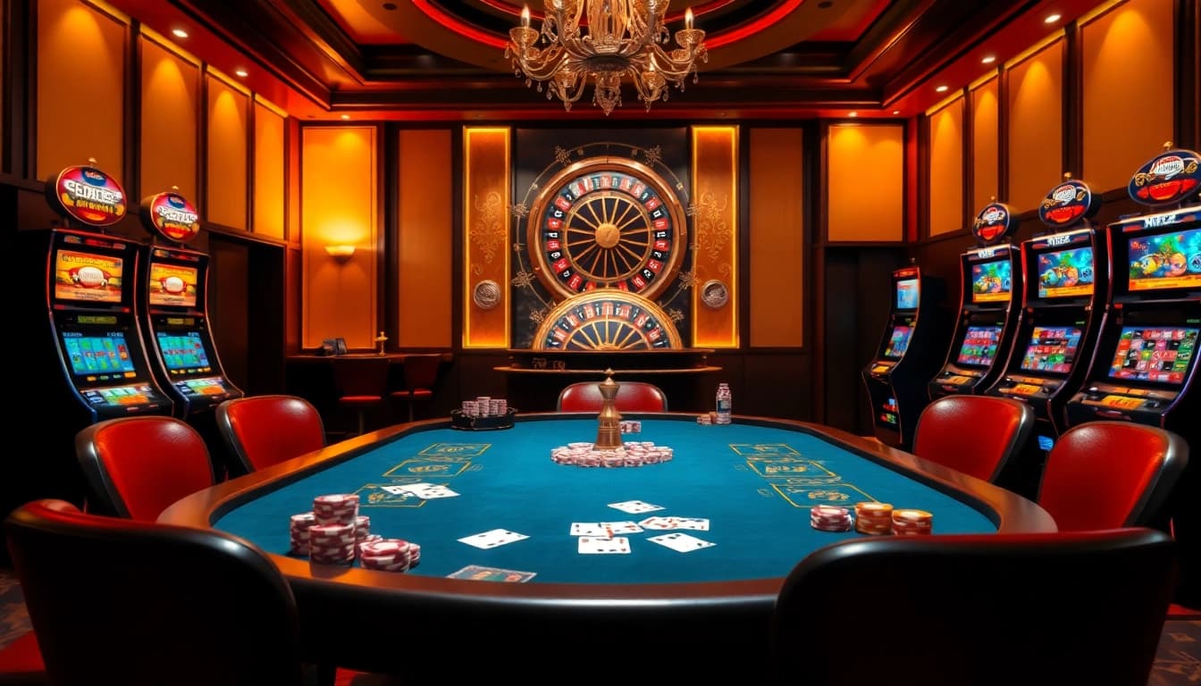 The hidden wiki showcases a vibrant casino scene featuring poker tables, roulette wheels, and dazzling slot machines, representing luxury and excitement.
