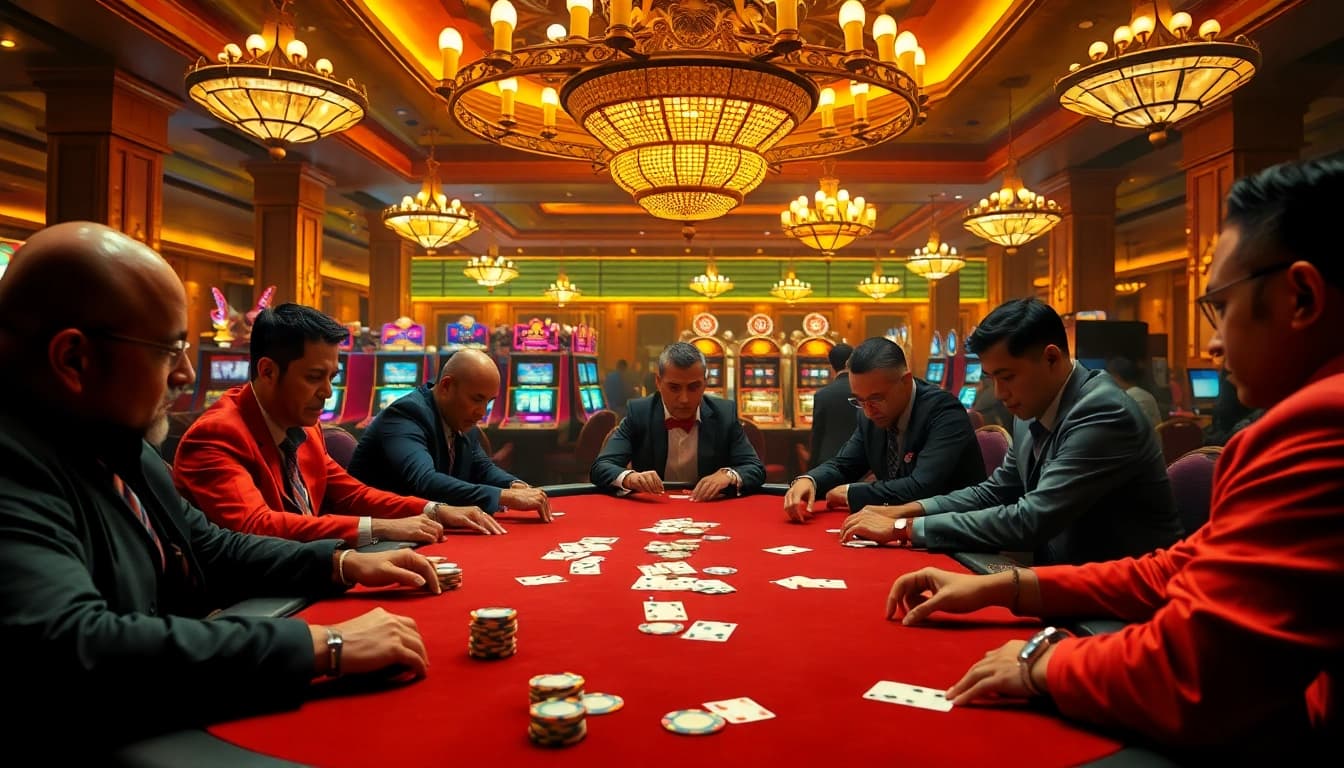 Experience high-stakes poker at link PS99's luxurious casino table with vibrant atmosphere and excitement.