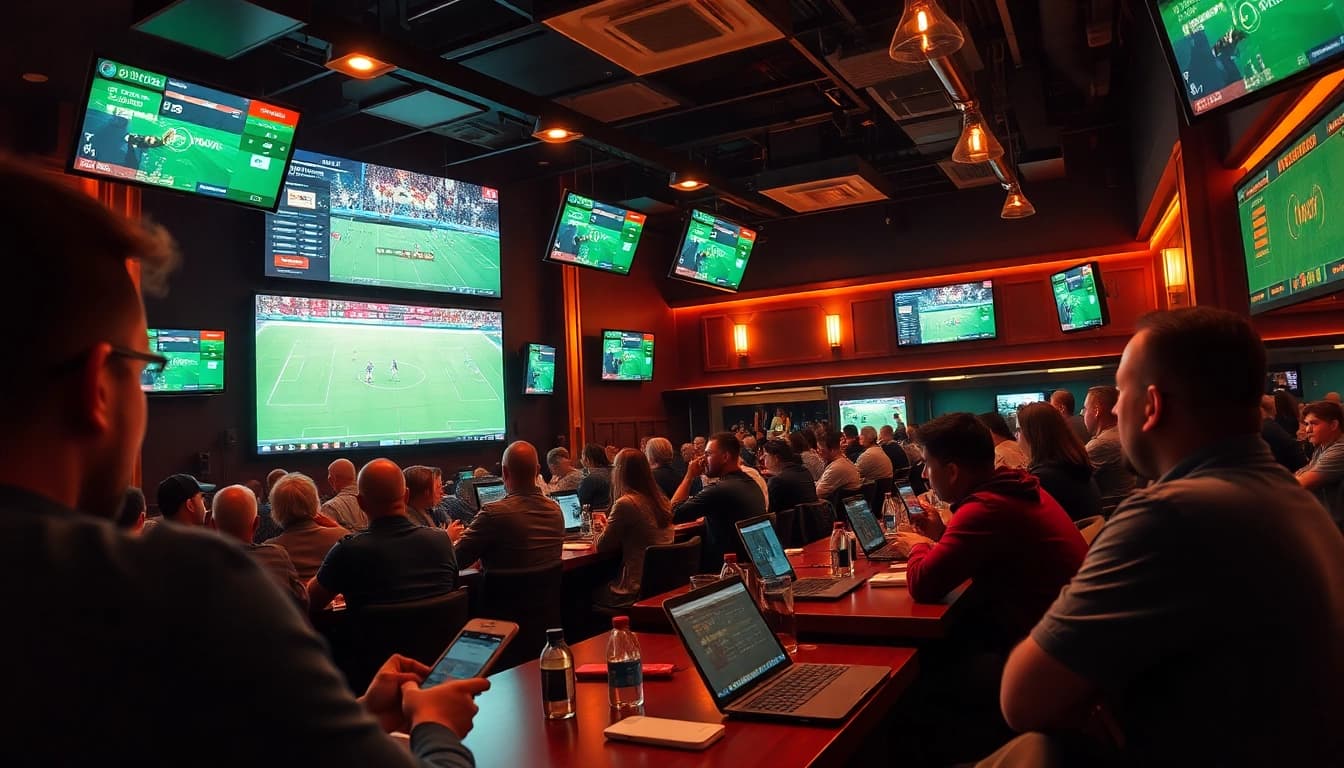 Engaged fans analyzing football betting odds at a vibrant sports bar, inspired by https://keonhacai.study/.