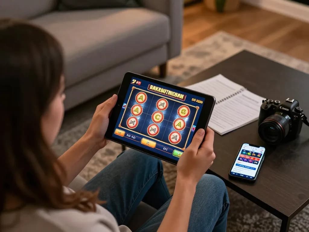 Engaged user playing 92slot on a tablet in a cozy home setting, emphasizing responsible gaming.