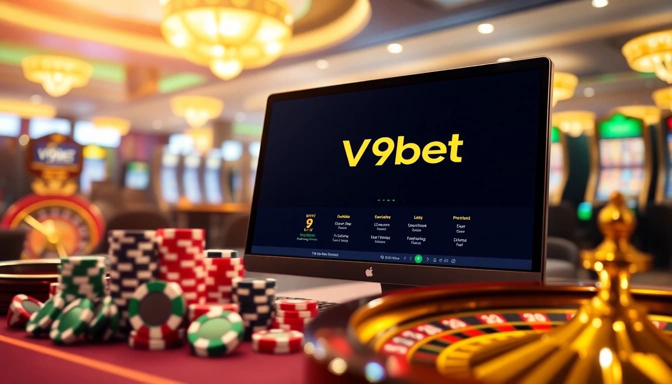 V9bet offers an engaging online gaming experience with vibrant casino elements like poker chips and dice.