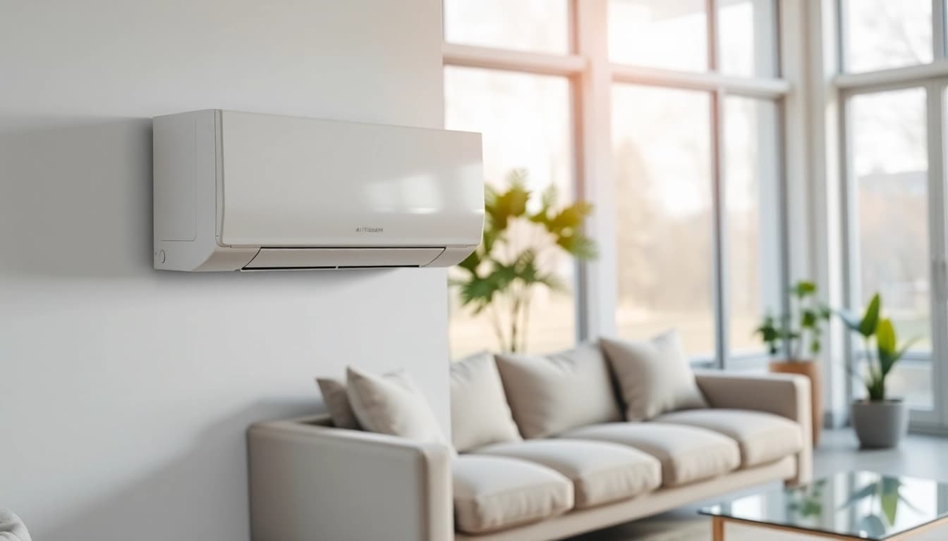Installing a Mitsubishi mini split AC in a modern living room highlighting its sleek and stylish design.