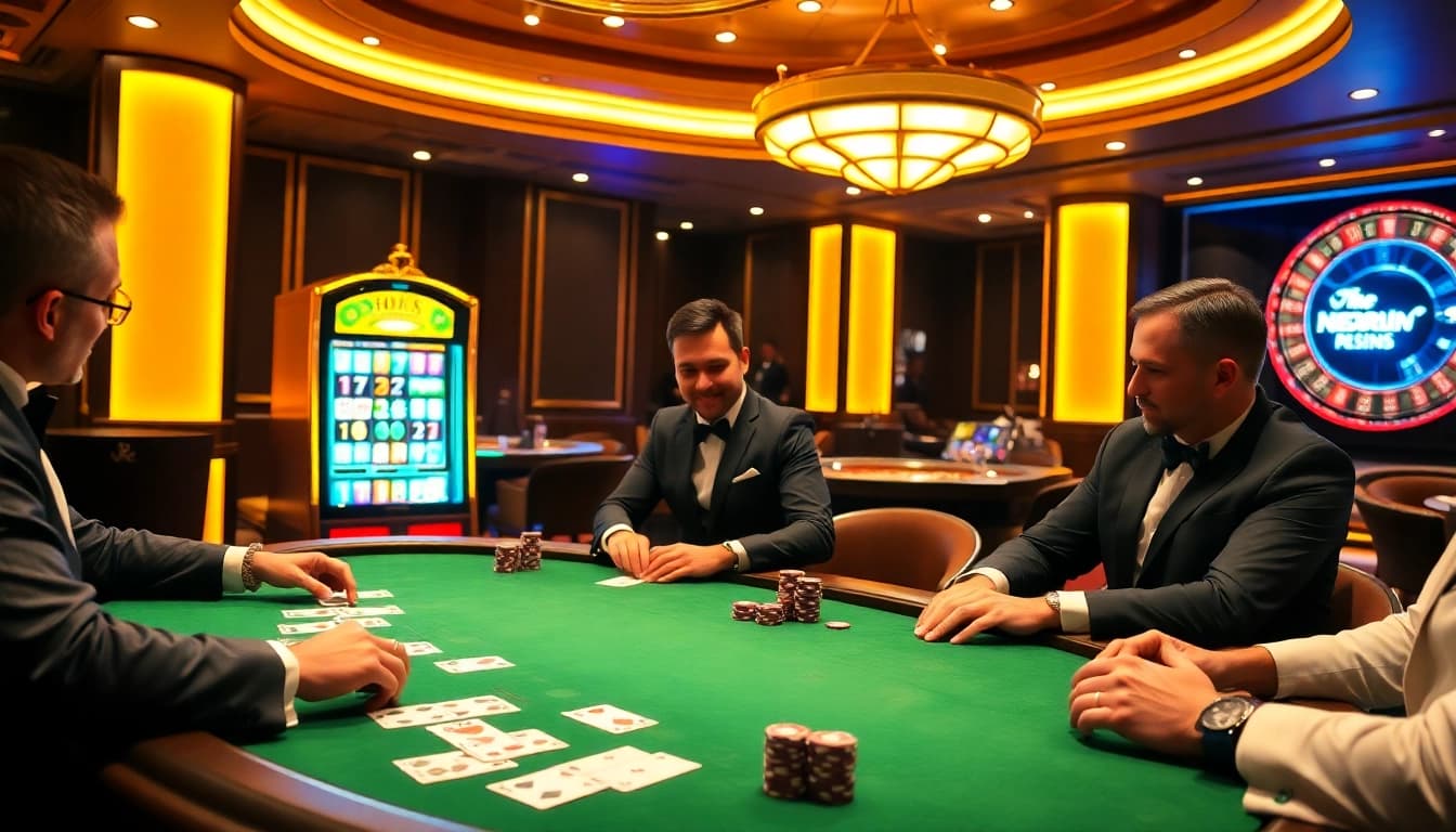 Players enjoying high-stakes poker at a luxurious casino table, reflecting the excitement of https://nekatwin.com/.