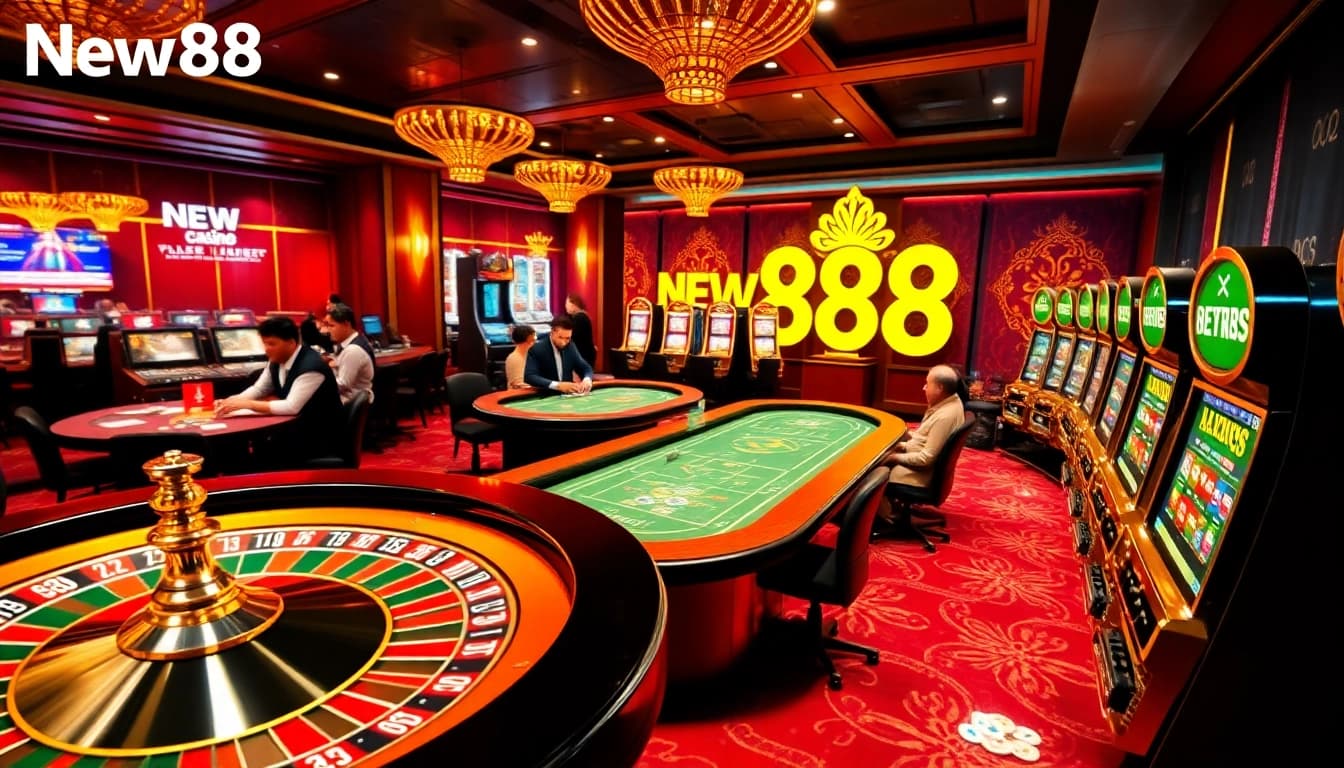 Exciting gameplay at NEW88 online casino featuring roulette, poker, and slot machines.