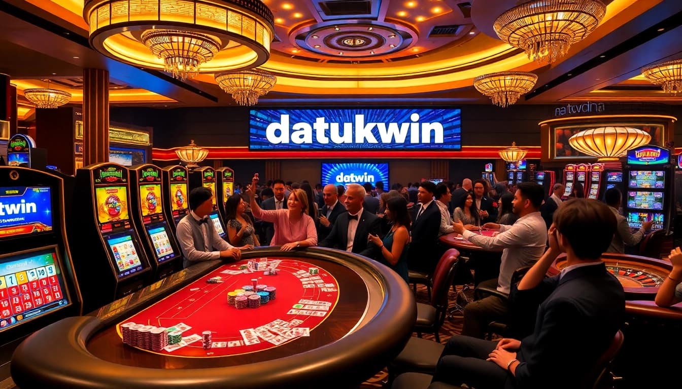 Menang besar dengan Datukwin di kasino mewah yang menampilkan meja poker dan mesin slot.