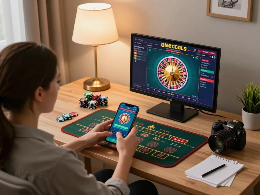 Player engaging with the EE88 app for online roulette, showcasing a stylish gaming setup and responsible betting environment.