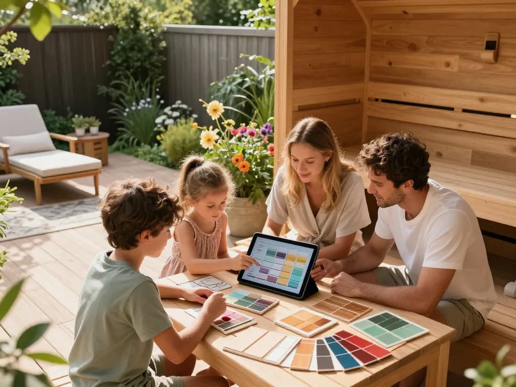 Sauna customization in a sunlit backyard, family designing their personalized sauna experience.