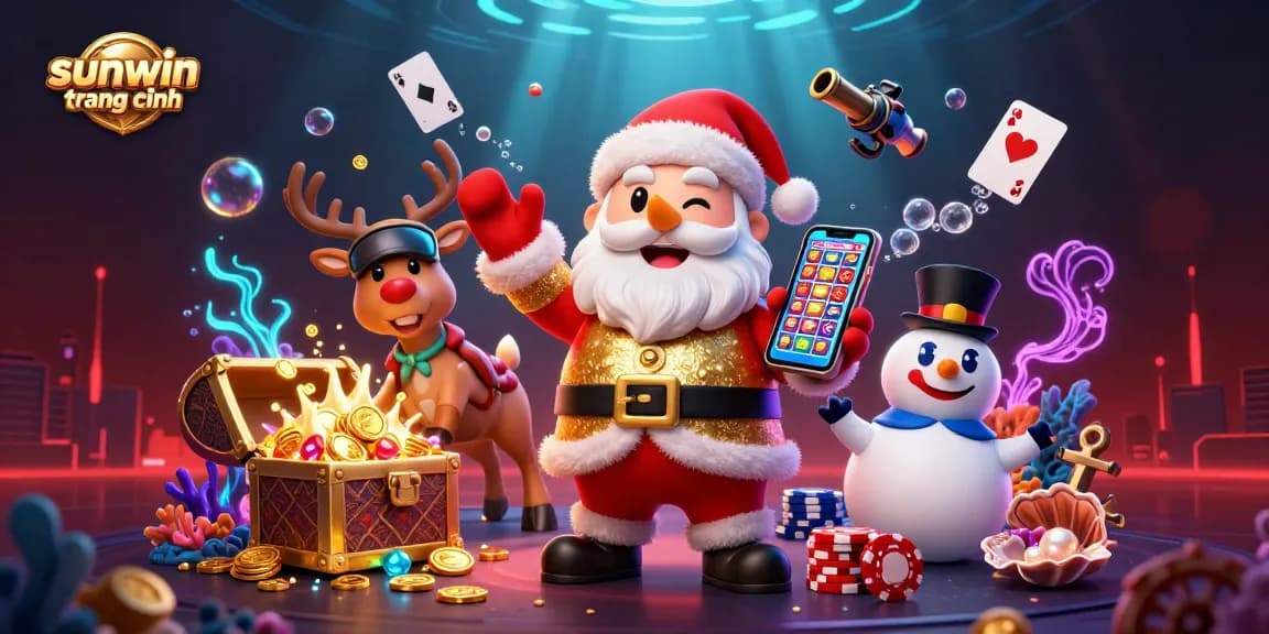 Spin the reels at sunwin trang chính with festive characters enjoying a vibrant casino atmosphere.