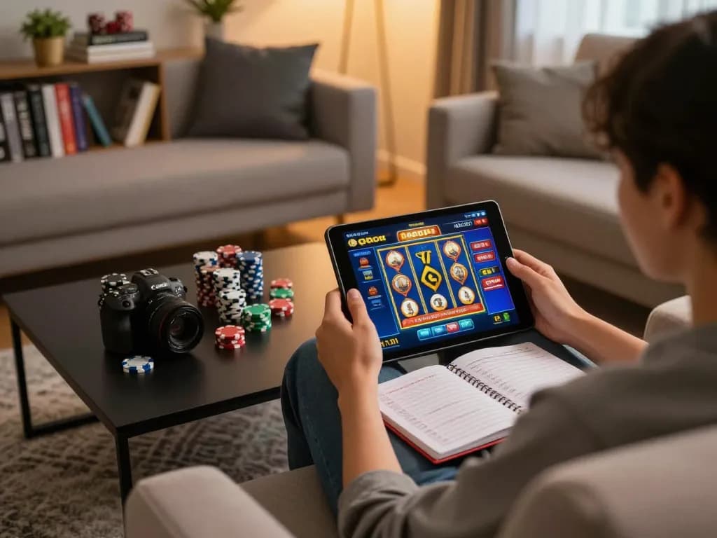 Playing slot gacor online with tablet in a cozy home setting, showcasing strategic gaming experience.