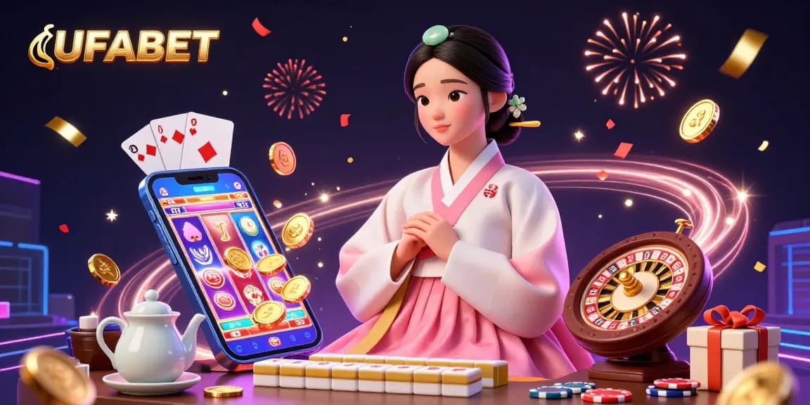 Play slots and win with UFABET in this vibrant 3D casino illustration showcasing dynamic gaming elements.