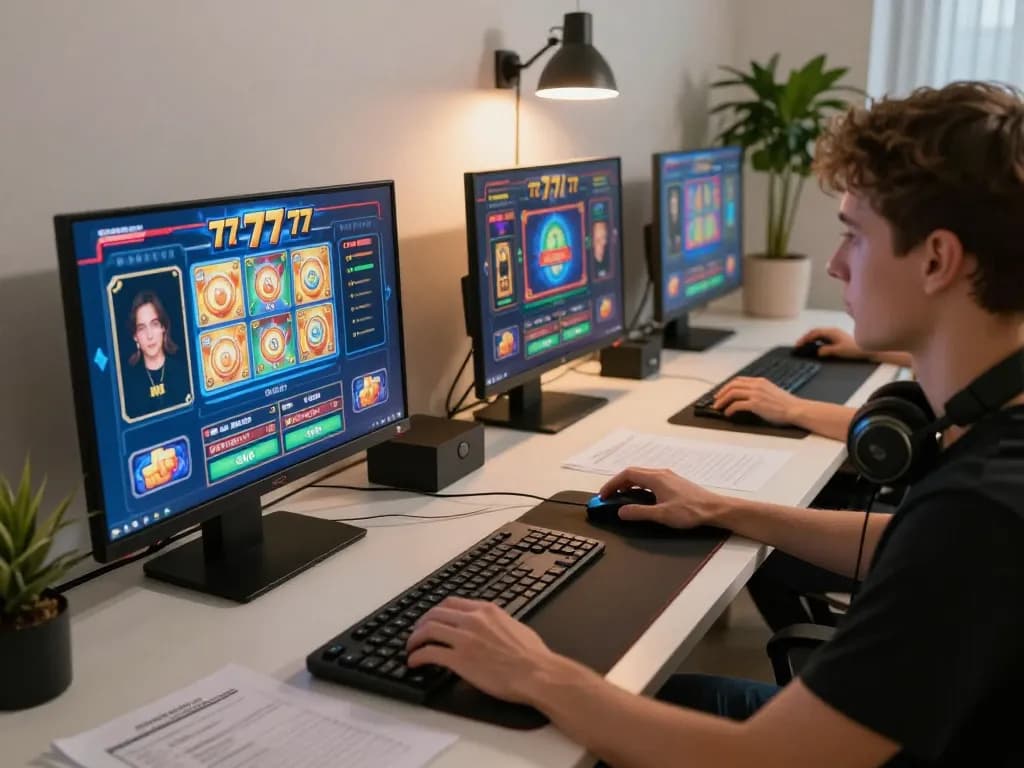 Engaged player spinning reels on slot77 games in a modern gaming setup at home
