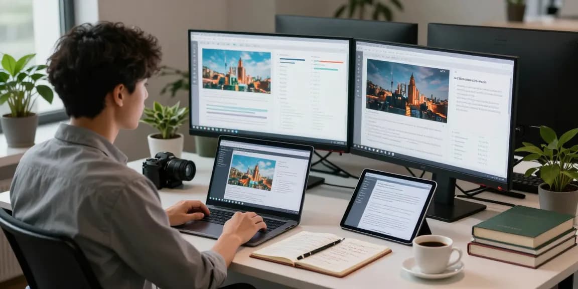Data scientist using a free ai detector tool at a modern workspace, analyzing AI-generated images.