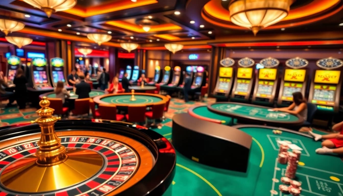 Experience the thrilling atmosphere of PS99 with vibrant casino gaming, roulette, and excited players.