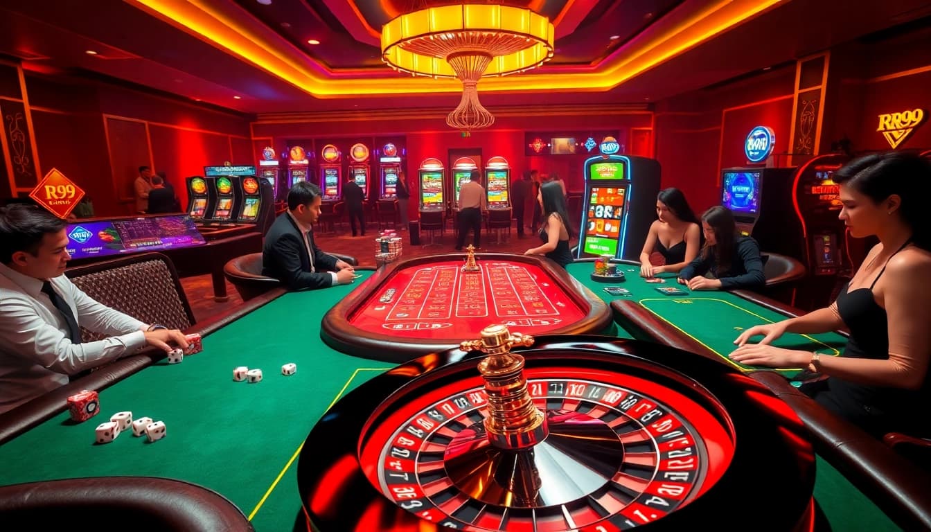 Experience the excitement of RR99 bet with a vibrant casino scene featuring roulette and poker.