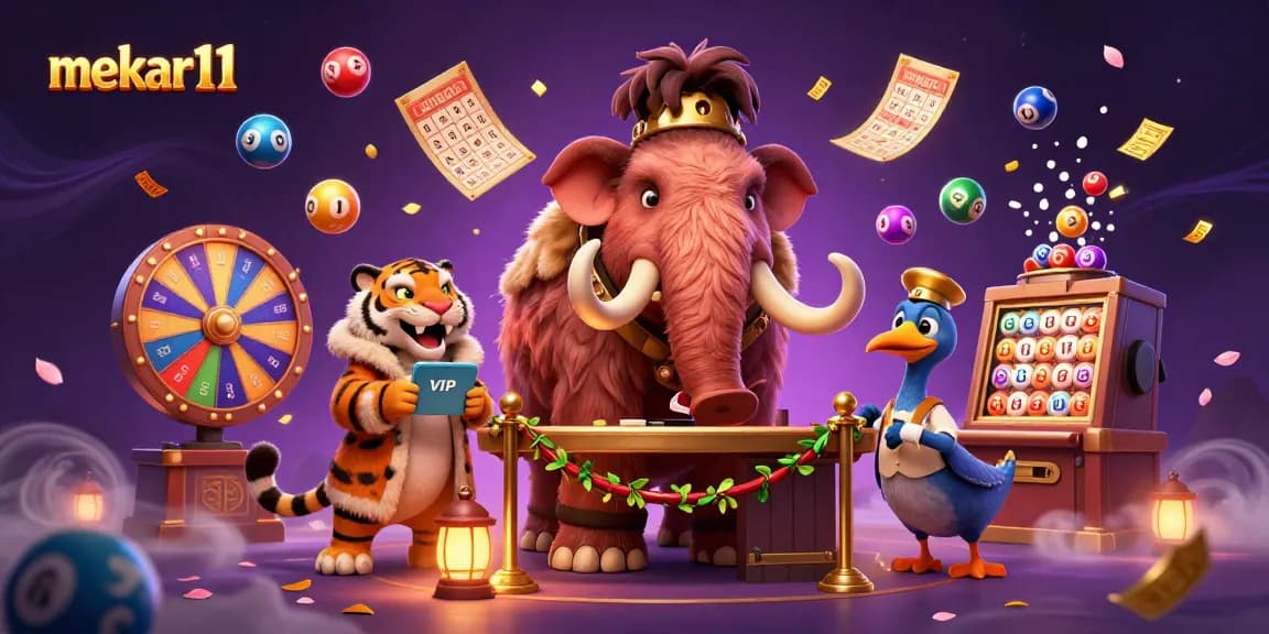 Experience the excitement of mekar11 with a vibrant casino scene featuring a mammoth bouncer and tiger VIP.