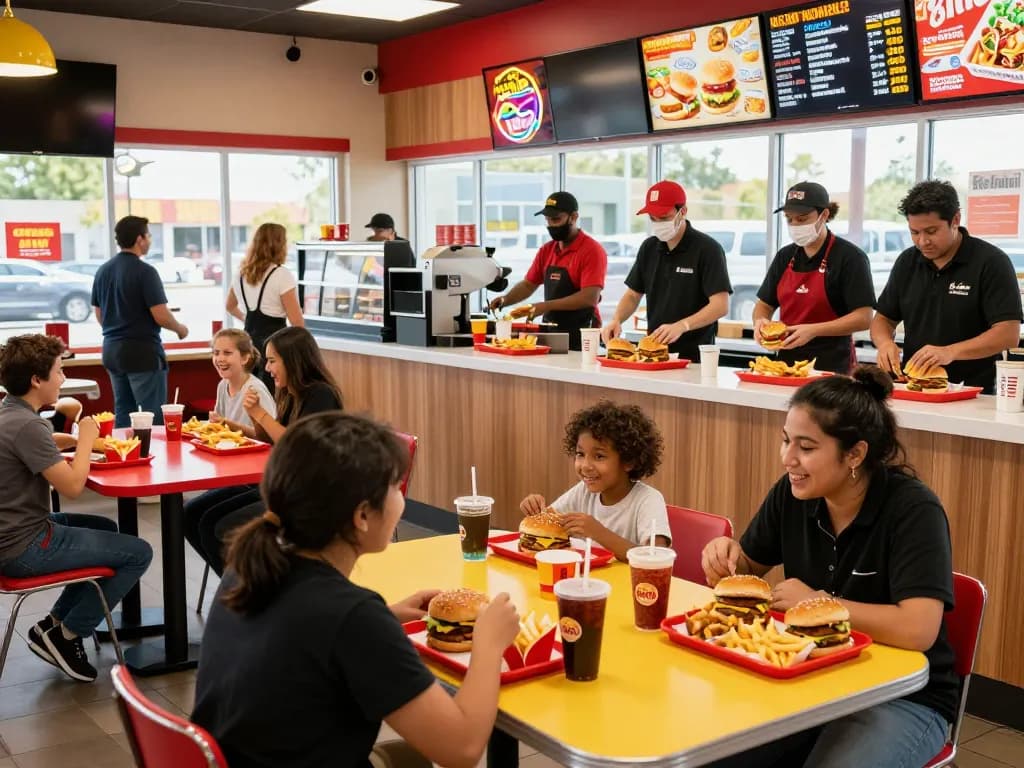 Fast food menu with various burgers, fries, and drinks showcased in a vibrant dining setting.