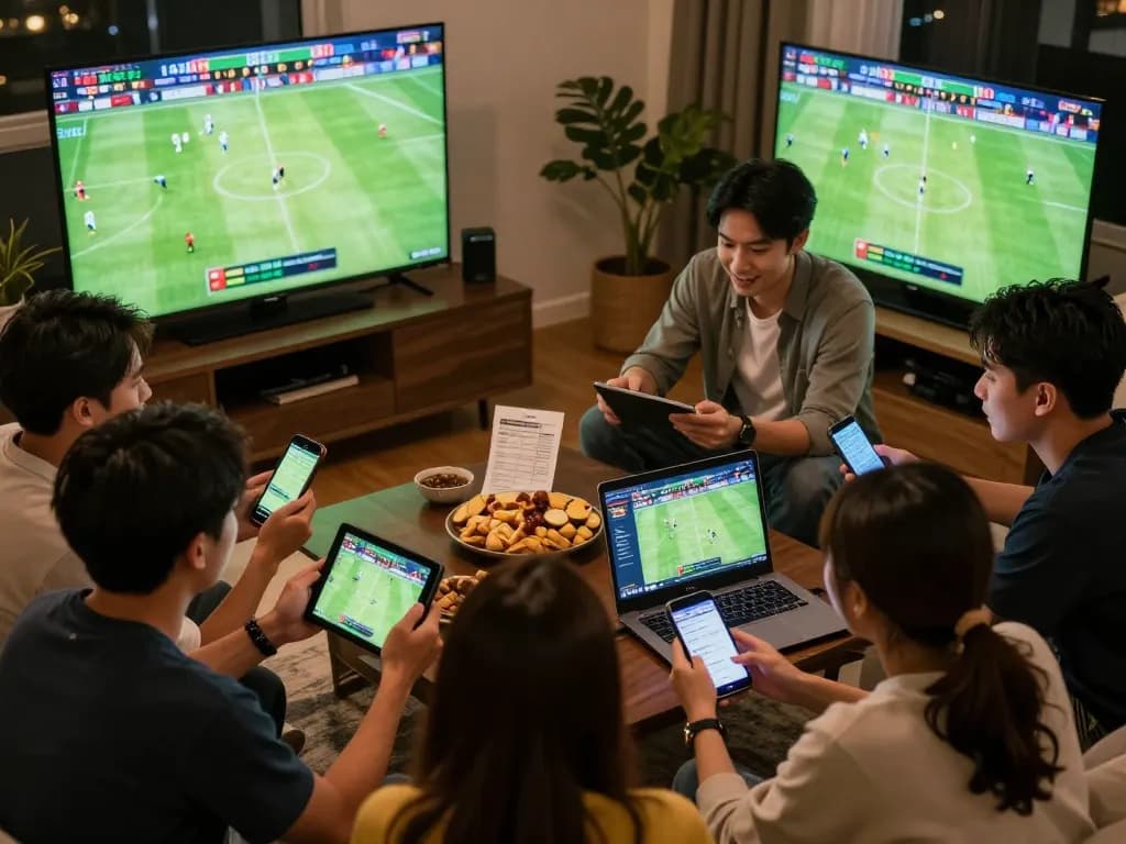 Fans engaging in soi kèo bóng đá trực tuyến during an exciting football match at home, showcasing dynamic betting activity.