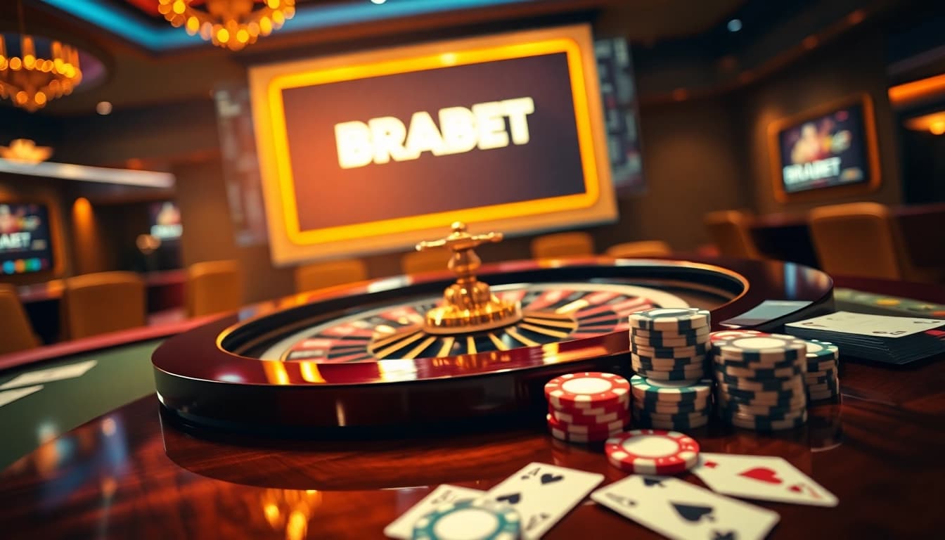 Engaging casino scene with BRABET logo, roulette wheel, and poker chips capturing the excitement of gambling.