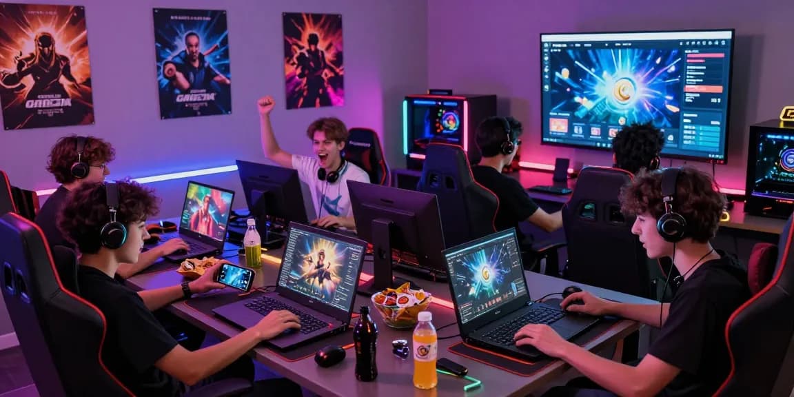 Gamers enjoying garuda303's exciting online gaming platform with vibrant atmosphere and technology