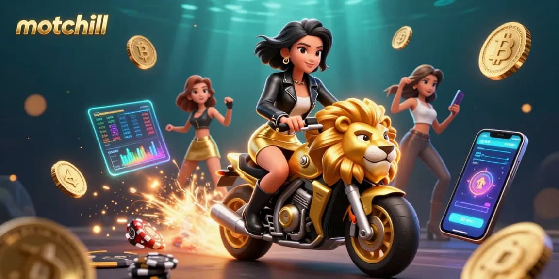 Experience motchill's vibrant online casino scene with a stylish Asian woman on a golden lion, flying crypto elements.