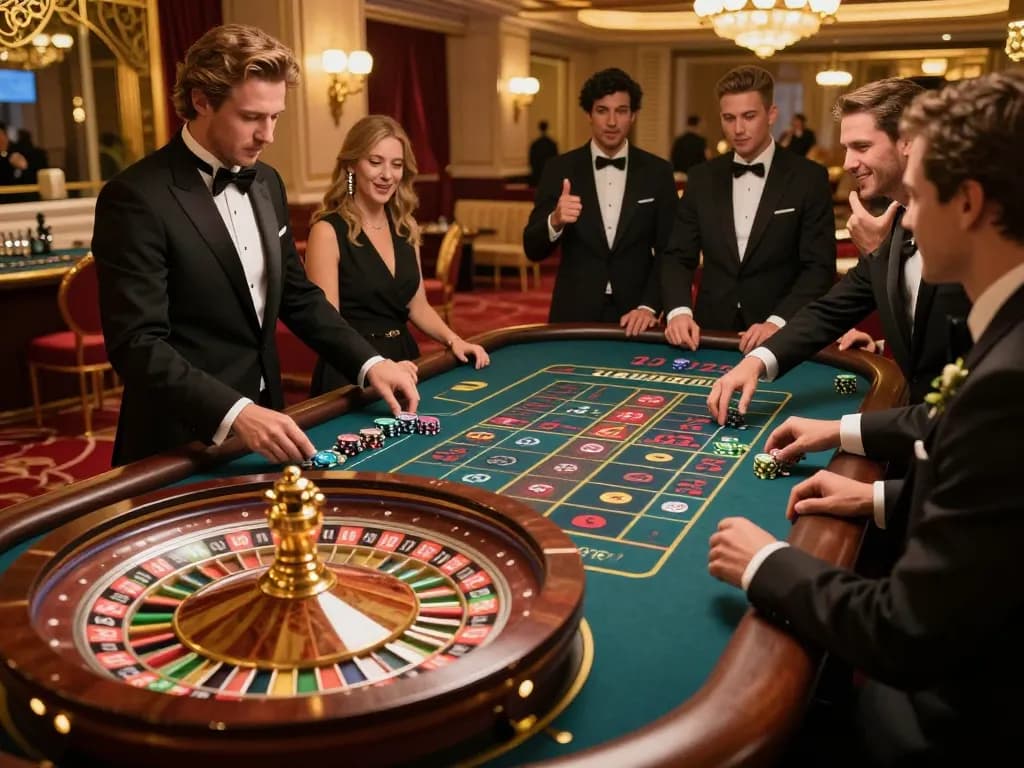 Thabet roulette gameplay with enthusiastic players watching the spinning wheel, luxury casino setting