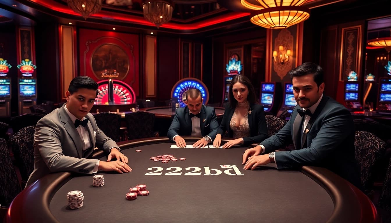 Engaging poker game at a luxurious casino featuring 222bd branding for immersive gambling experience.