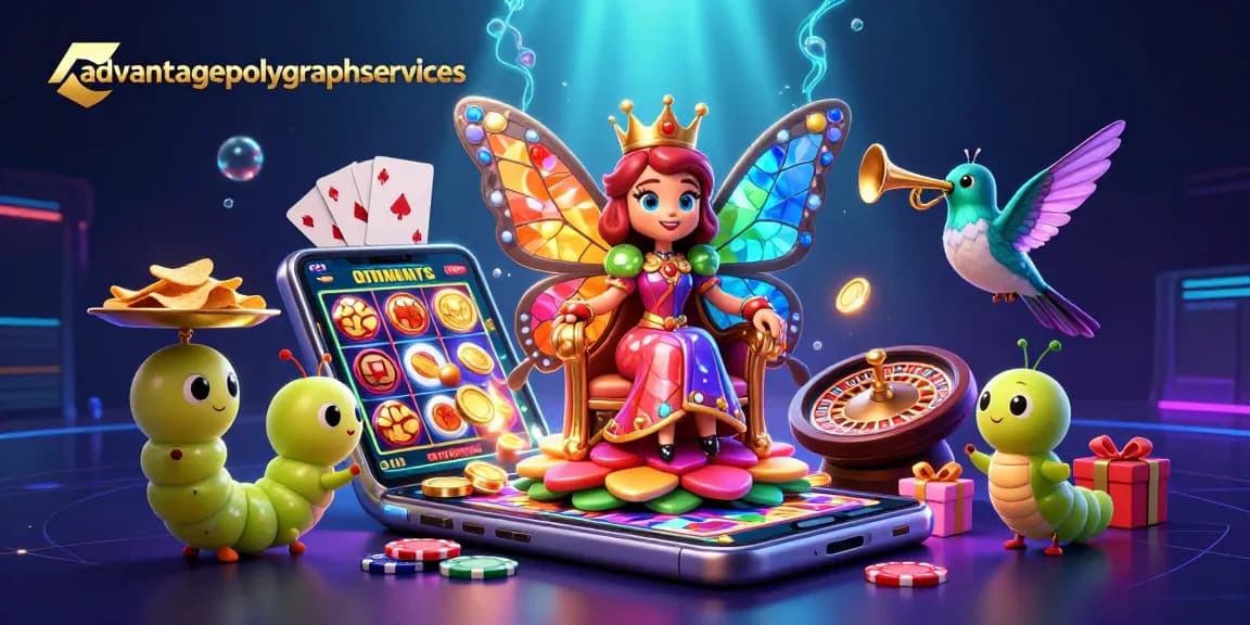 Experience thrilling gaming at advantagepolygraphservices with vibrant 3D casino elements and a captivating butterfly queen.