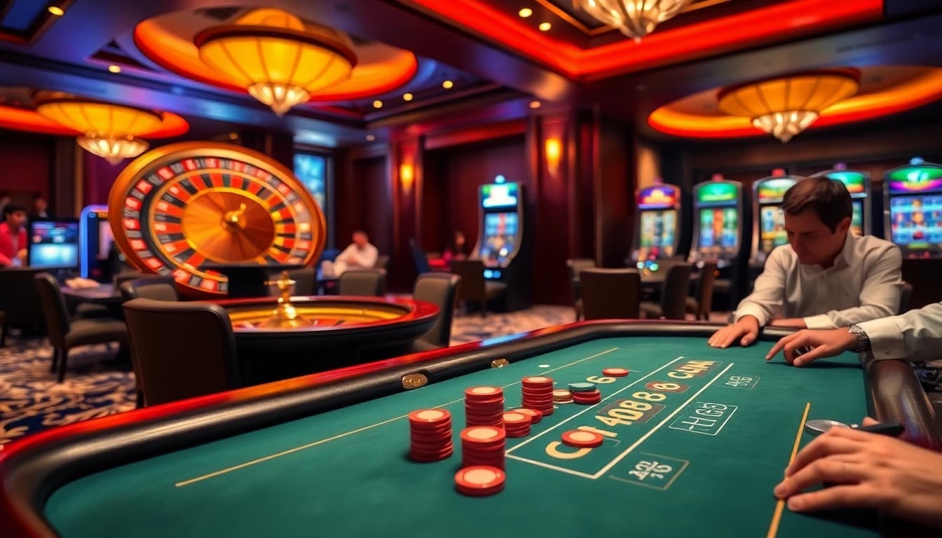 Exciting casino action with HU88 chips on a blackjack table, vibrant and high-stakes atmosphere.