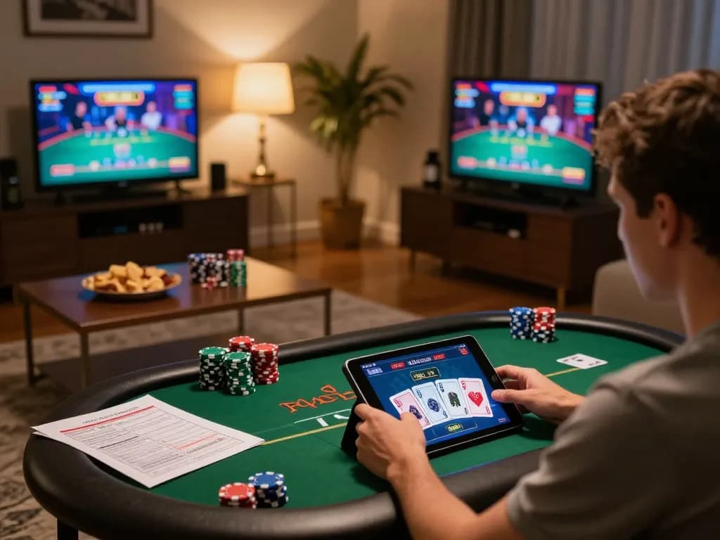 Player enjoying MMOO online poker game experience from a cozy home setup with engaging visuals.