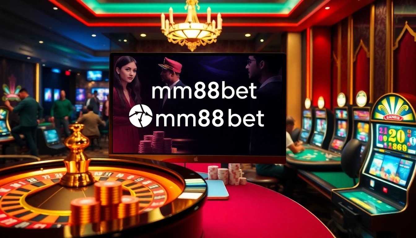 A vibrant online gambling scene showcasing mm88bet with roulette wheels and poker chips.