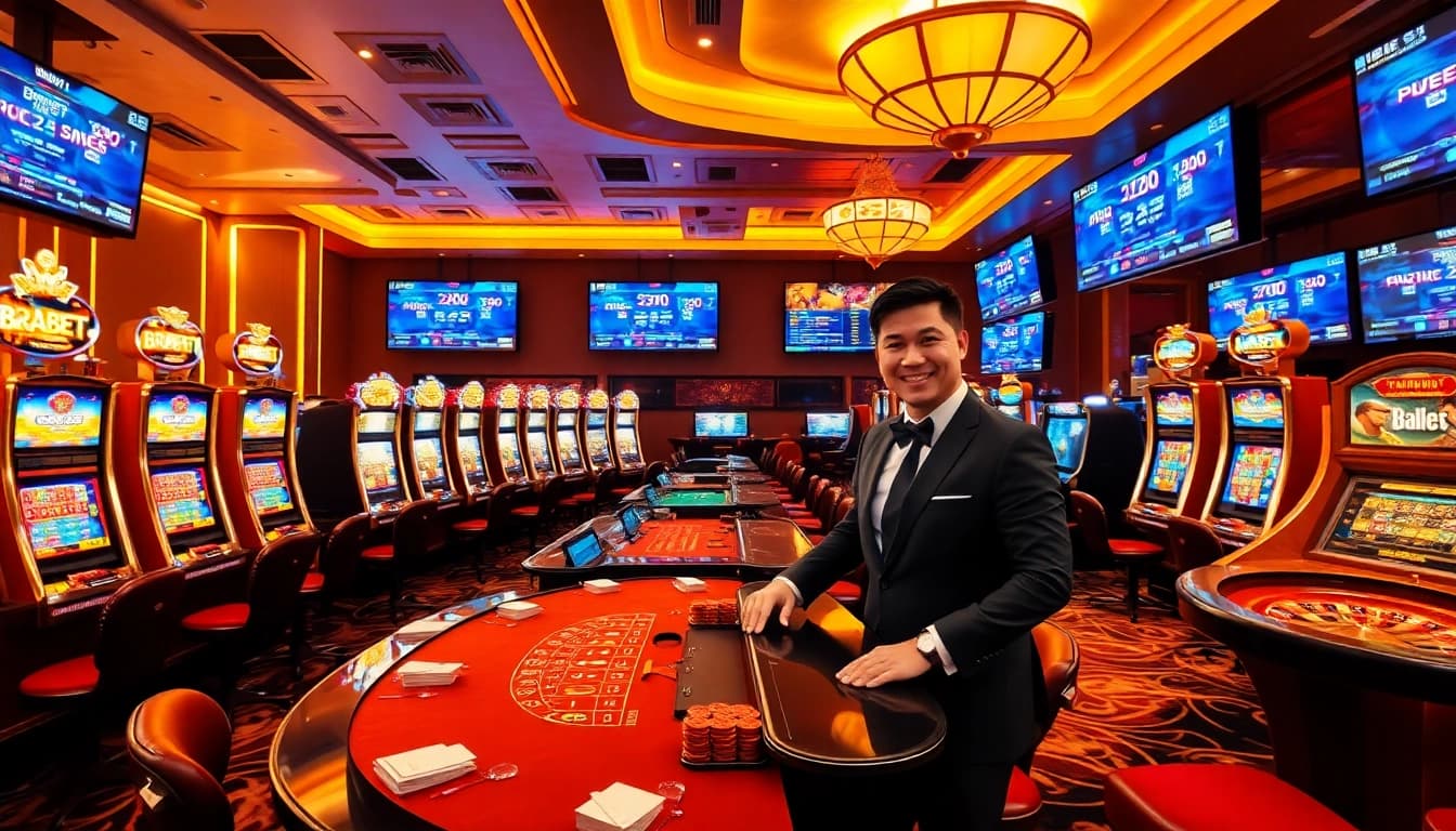 Players engaging in thrilling gambling action at BRABET, featuring vibrant slot machines and professional dealers.