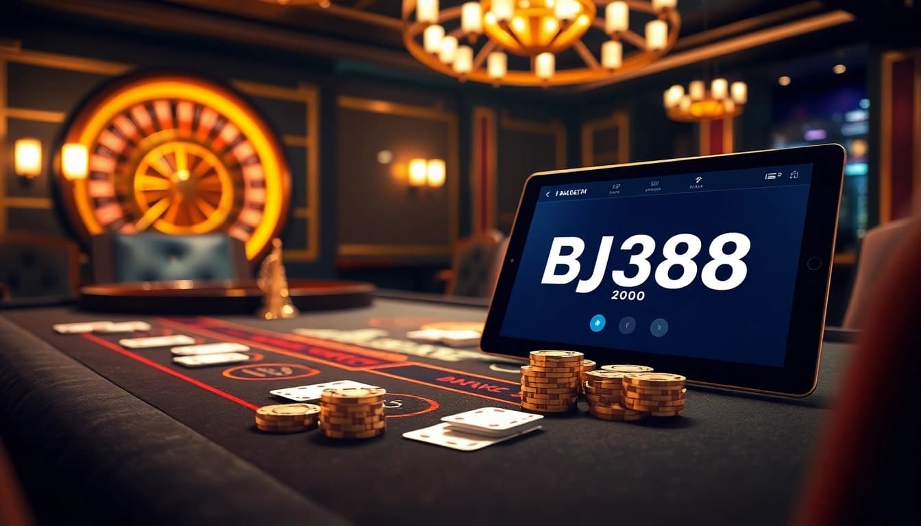 BJ388 features an exciting casino scene with a sleek blackjack table and vibrant chips, showcasing high-stakes gambling.