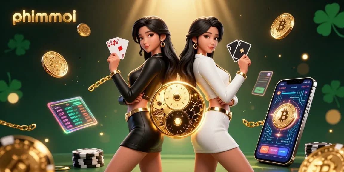 Engage with phimmoi casino games featuring twin Asian women and vibrant gambling elements like neon coins and playing cards.