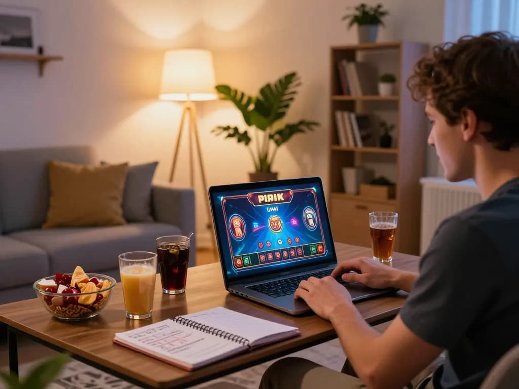 Playing aud play pokies on a laptop at home, showcasing gambling strategy and excitement.